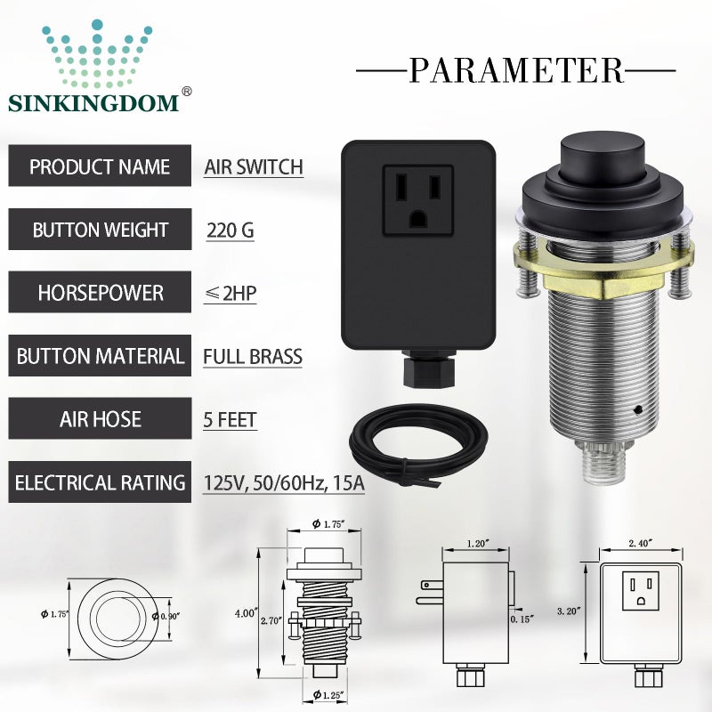 SINKINGDOM SinkTop Air Switch Kit (Long Full Brass Button) for Garbage Disposal, Cordless Matte Black - Image 5